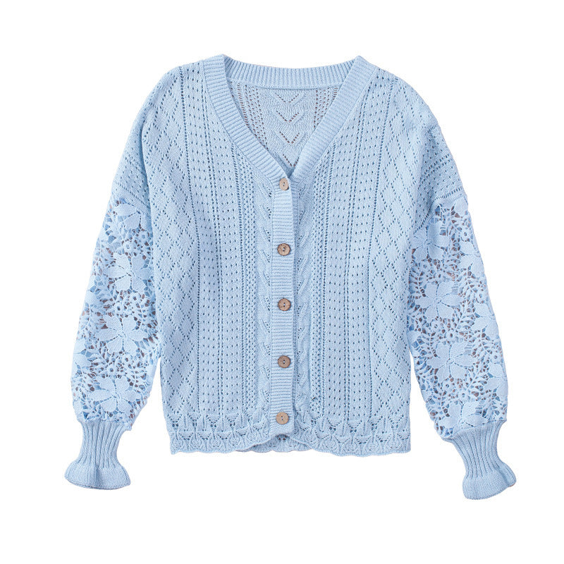 Chemisier en dentelle à manches longues et col en V pour femme