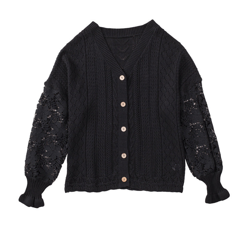 Chemisier en dentelle à manches longues et col en V pour femme