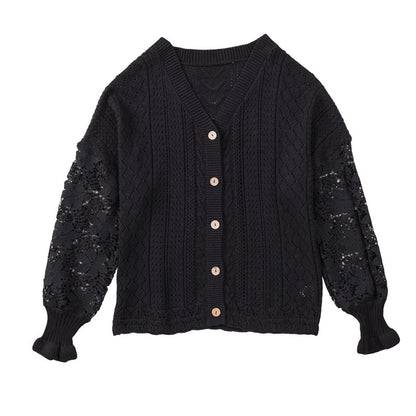 Chemisier en dentelle à manches longues et col en V pour femme