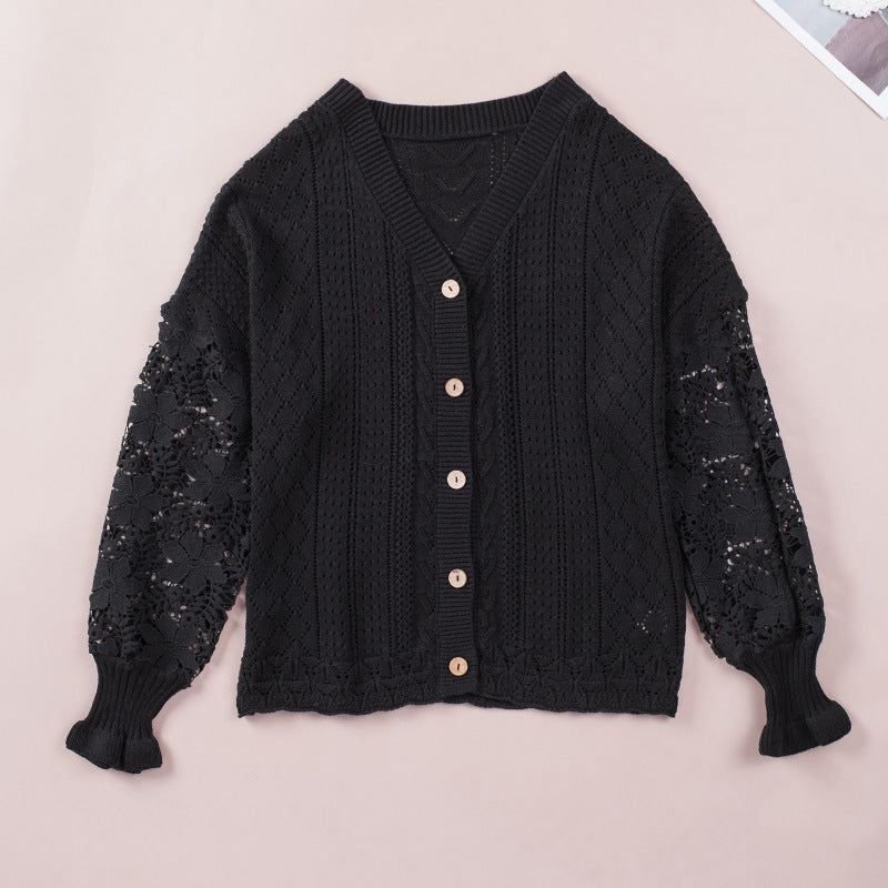 Chemisier en dentelle à manches longues et col en V pour femme