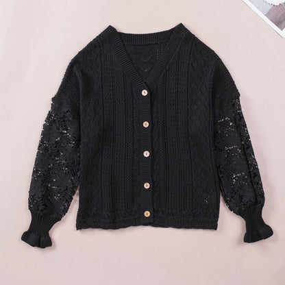 Chemisier en dentelle à manches longues et col en V pour femme